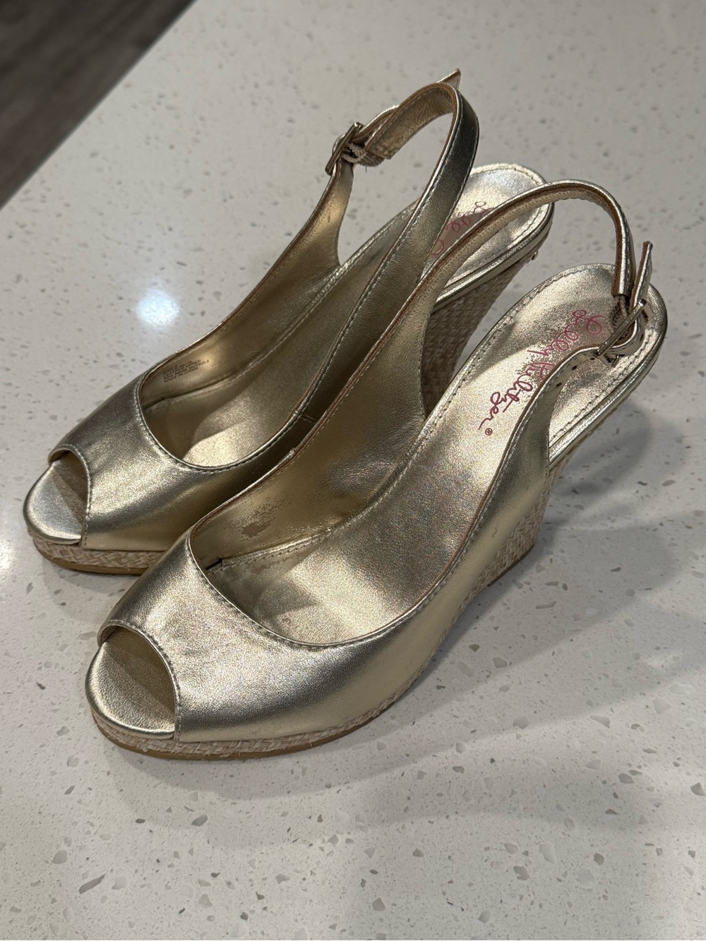 Lilly Pulitzer Metallic Gold Espadrille Woven Peep-Toe Wedge Slingbacks